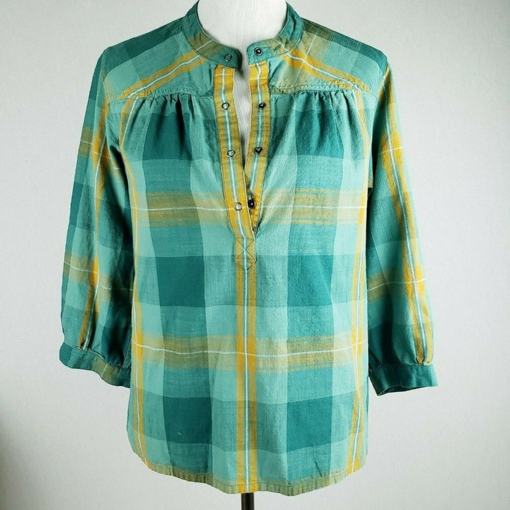Patagonia 3/4 Sleeve Cotton Pullover Plaid Blouse
